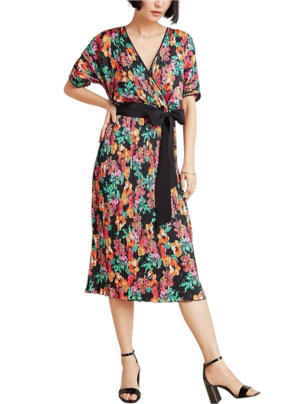 Diane Von Furstenberg Autumn Black Floral Pleated Wrap Pleated Midi Dress SMALL